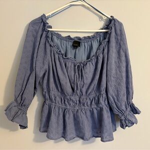 Lumiere Womens Top Large Babydoll Off Shoulder Cottagecore Cropped Blue Eyelet